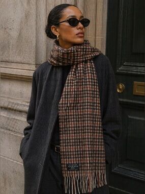 Vintage Australian Wool Gray Brown Plaid Check Fringe Scarf Made USA